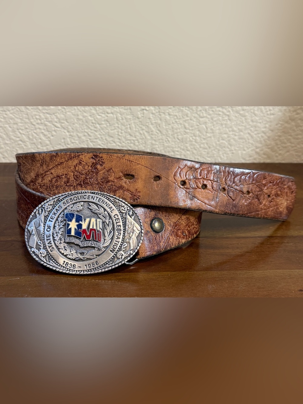 VTG Texas Belt Buckle Brown Leather Broken In Distressed Western Cowboy 38
